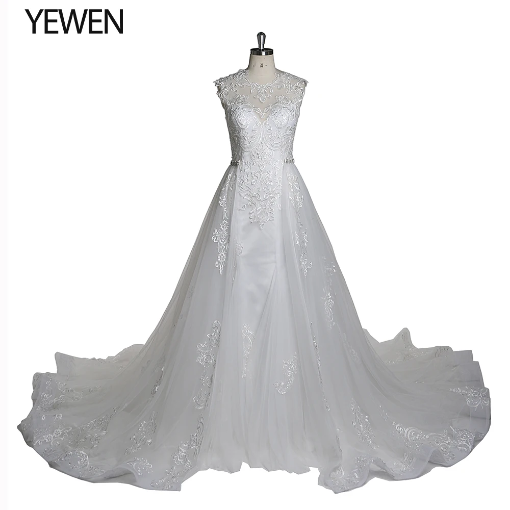 

Luxury Ivory Lace Sleeveless Round Neck Long Train Bridal Gown Wedding Dress with Detachable Mermaid Wedding Gown YEWEN