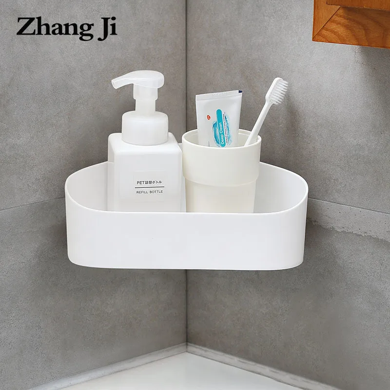 ZhangJi Bathroom Triangle Wall Corner Storage Holder Racks Traceless Adhesive Shelf Wall Mount No Drilling Storage Box Shelves