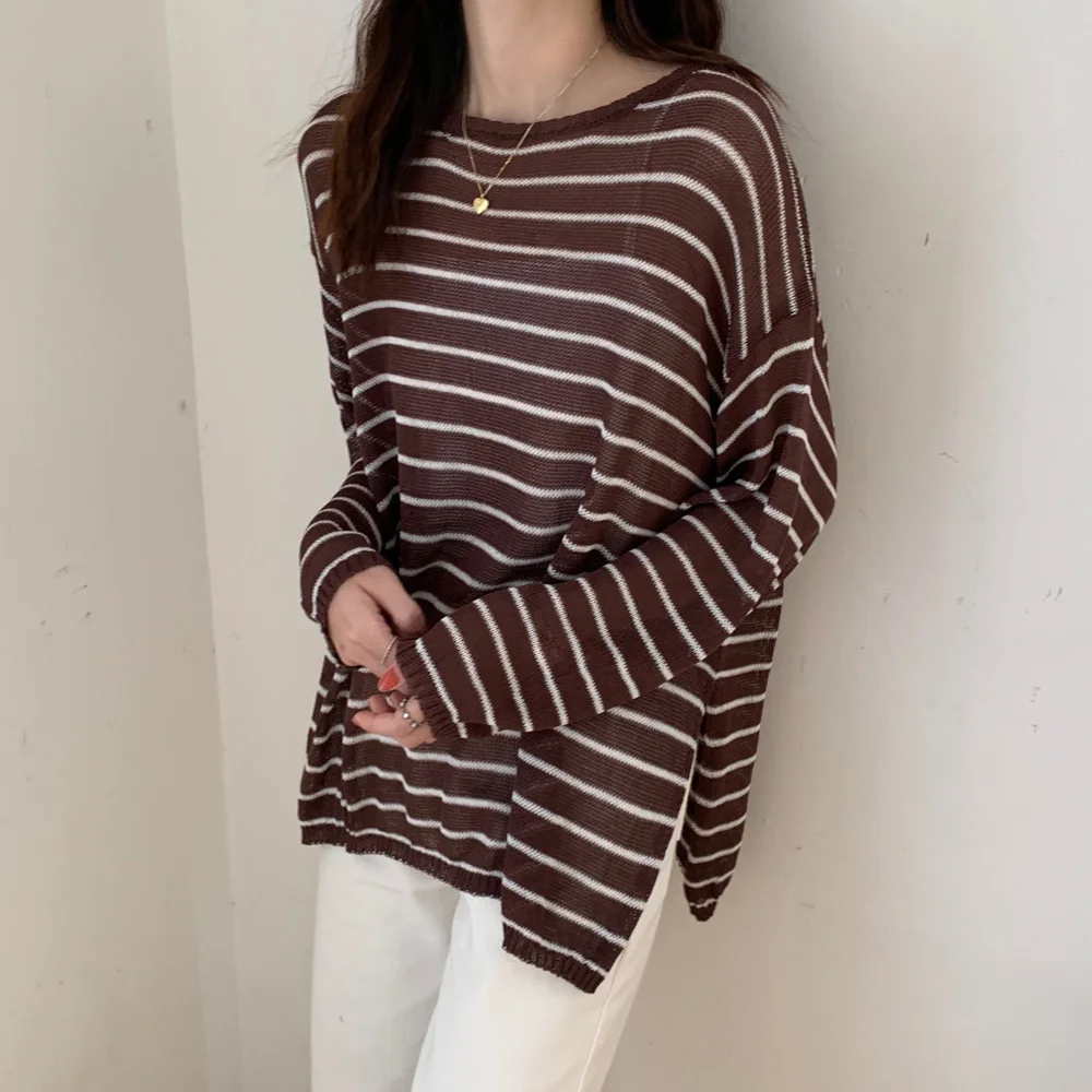 REALEFT Spring Autumn Classic Striped Thin Women's Knitted Pullover 2021 New Long Sleeve Casual Loose Sweaters Female Chic Tops