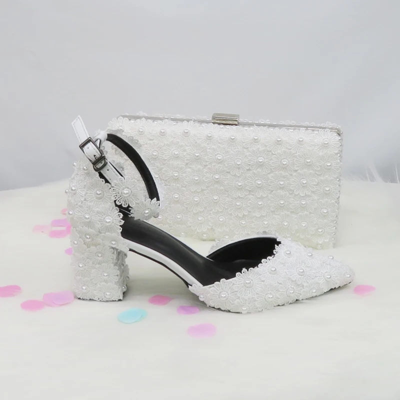 BaoYa Fang blue white Beads Strap Pearl wedding shoes Bride Pointed Toe Square Thick High Heel Party dress shoes and bag set