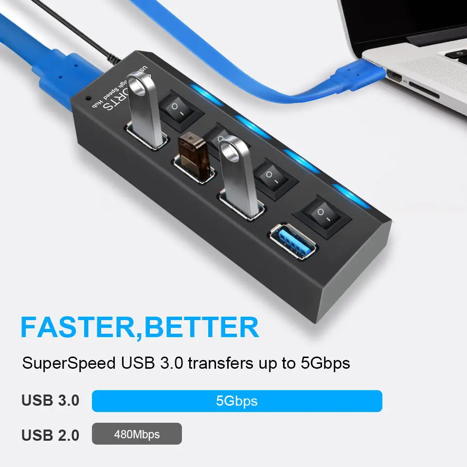 Hub USB 3.0 Hub USB 3 USB 2.0 Multi USB Splitter adattatore di alimentazione 4/7 porte Expander multiplo 2.0 con interruttore per accessori per PC