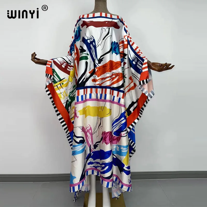 WINYI 2022 eleganckie lato szata Runway Vintage plaża długi Kaftan moda damska rękaw w kształcie skrzydła nietoperza kwiat wydruku luźna sukienka