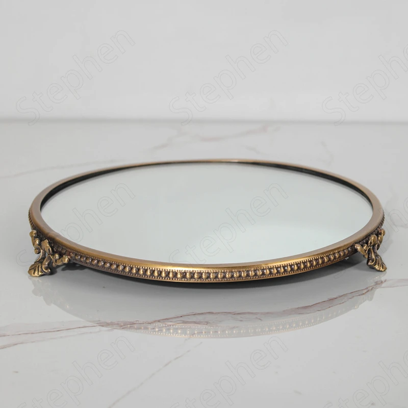 Vintage Hollow Brass Mirror Trays Decorative Nordic Simple Round Grass Jewelry Necklace Storage Tray Dressing Table Decoration