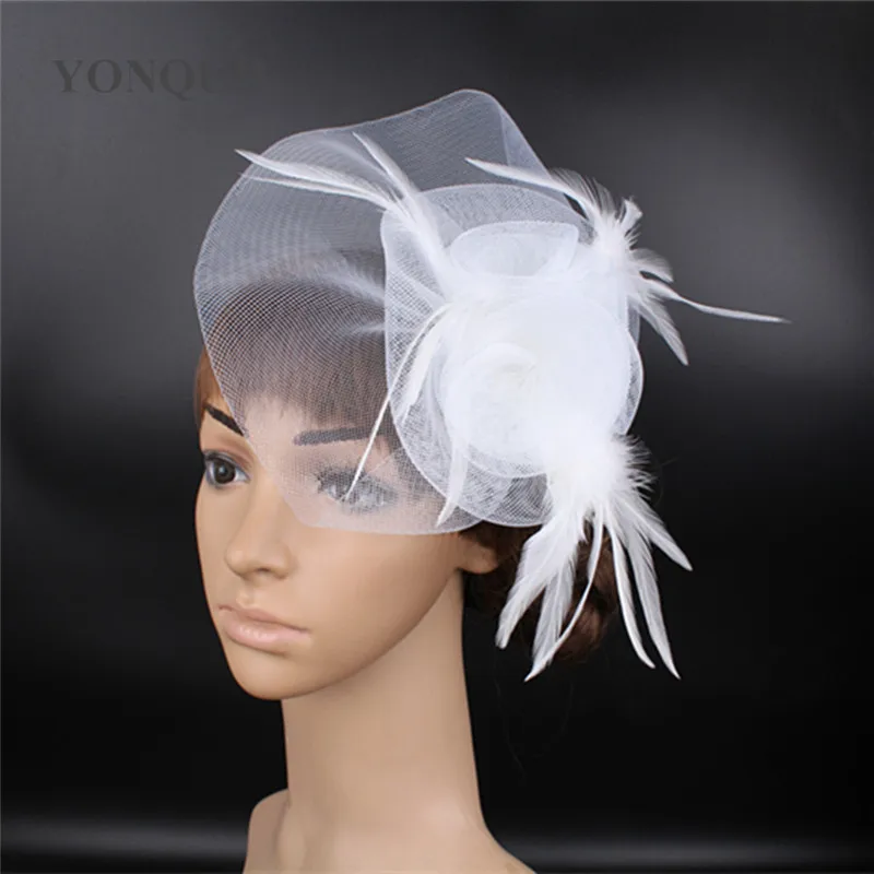 Nylon moda sposa copricapo da sposa elegante donna Fascinator cappello nero Tulle copricapo fantasia piuma fiore accessori per capelli