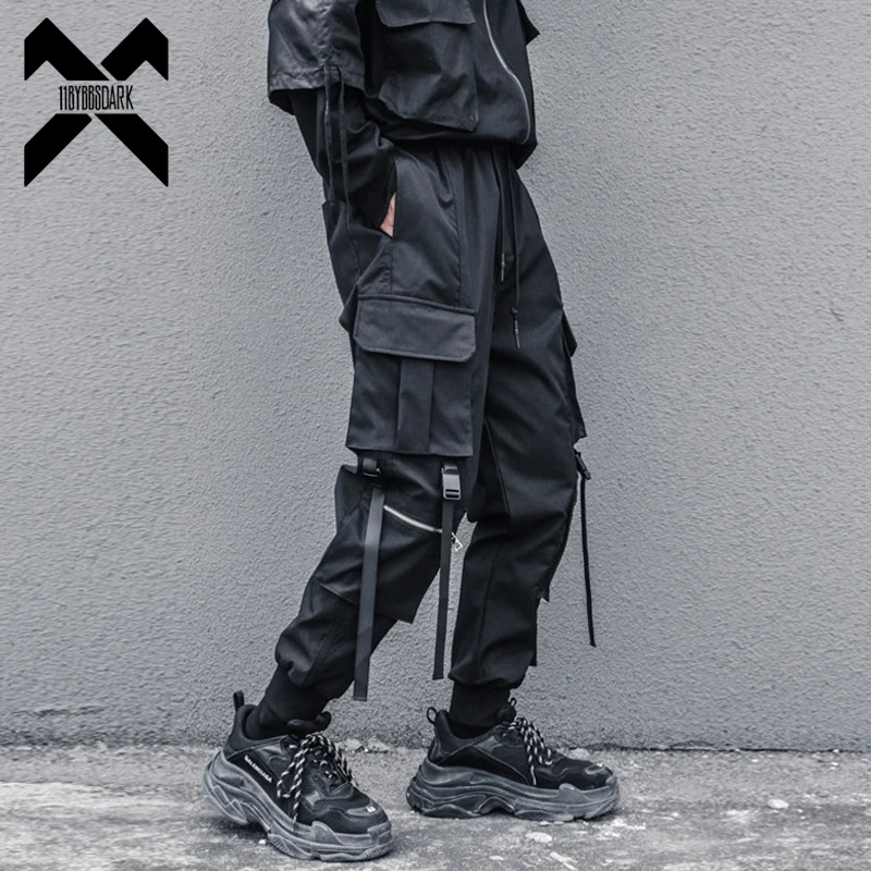 Tactical Functional Cargo Pants Joggers Men Zipper Multi-pocket Trousers Autumn Hip Hop Streetwear Harem Pant Black WB234