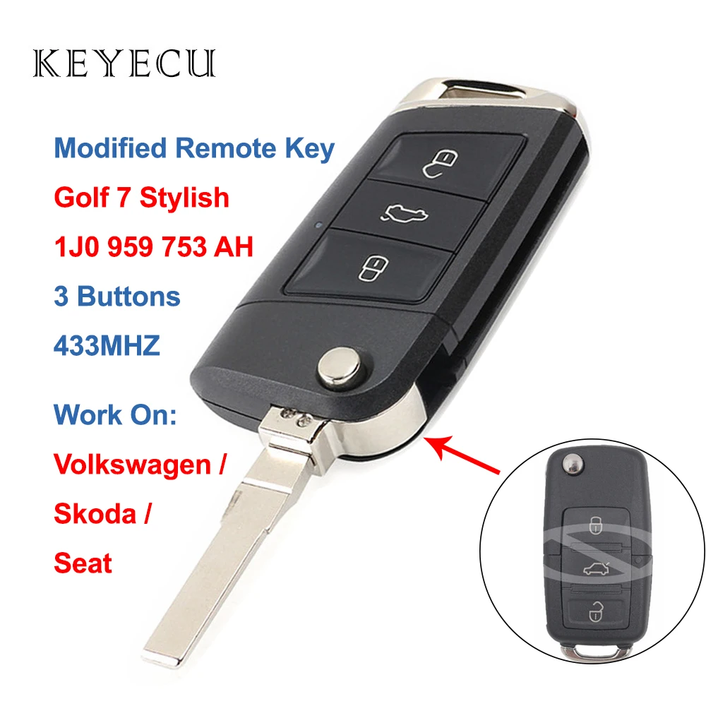 

3 Buttons New Golf 7 Stylish Remote Car Key Replacement 433Mhz 1J0 959 753 AH for Volkswagen for Seat for Skoda 1J0959753AH