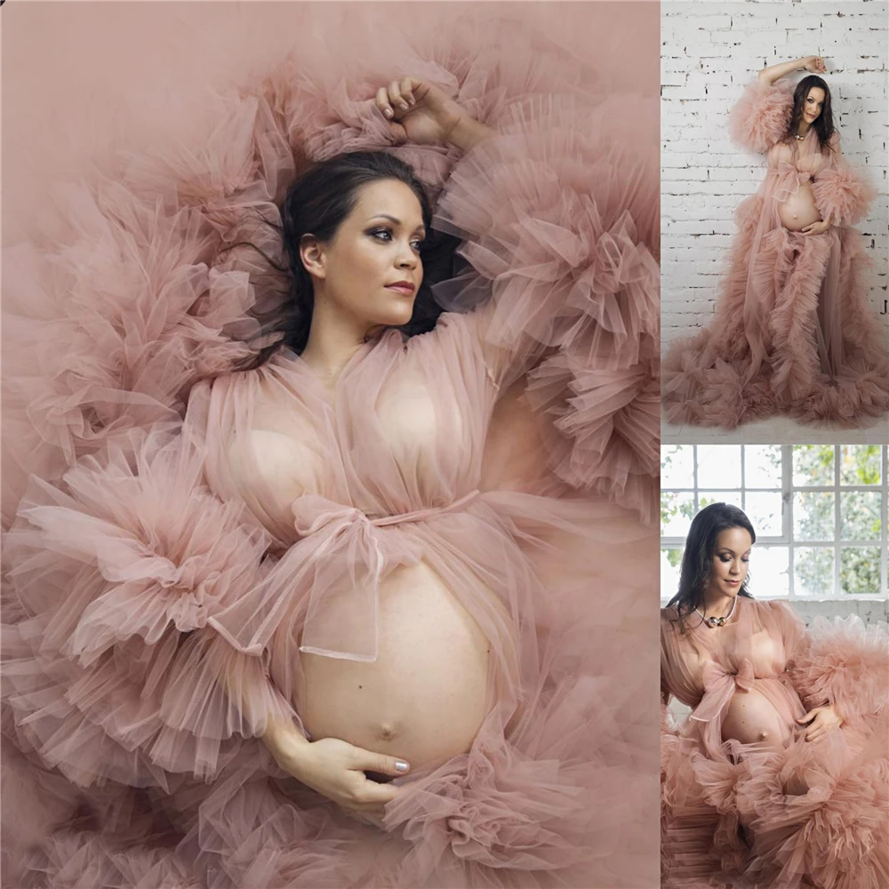 Bridal Fluffy Tulle Maternity Robes Bow Pink Women Long Tulle Dresses For Photo Shoot Beach Birthday Party Tulle Robe