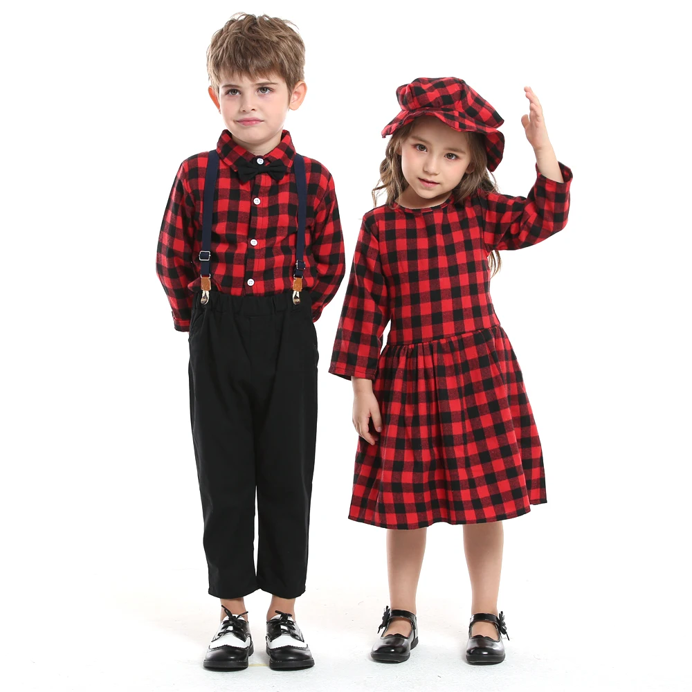 top and top Autumn Winter Brother and Sister Plaid Matching Outfits,Kids Boys Gentleman Clothes+Girls Casual Princess Outfits