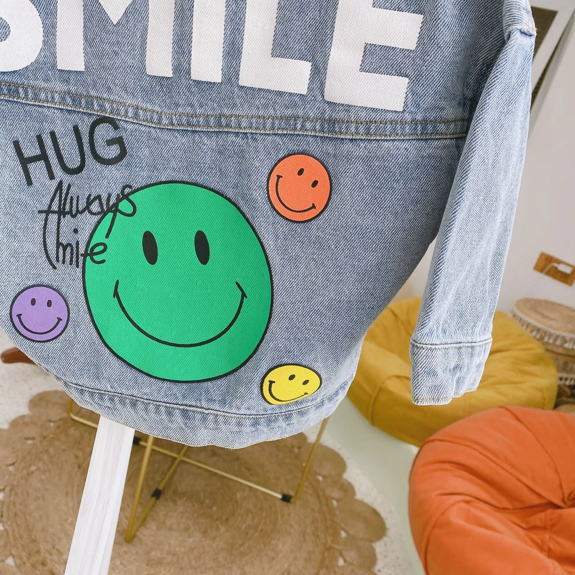 Children\'s smiling face denim jacket 2021 spring cartoon printed long sleeve casual jacket for boys and girls