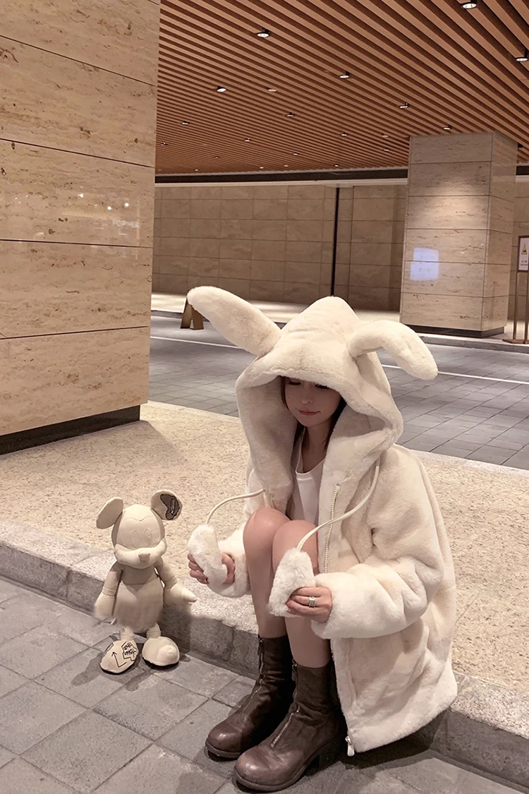 Nerazzurri Spring Fluffy Jacket with Rabbit Ears Raglan Sleeve Zipper Oversize Light Soft Harajuku Kawaii Faux Fur Hoodie 2021