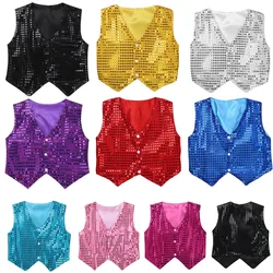 Kids Boys Shiny Sequin Vest Choir Hip Hop Jazz Street Dance Stage Performance Costume Child Christmas Party Waistcoat Dancewear