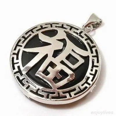 

DD Wholesale FREE SHIPPING Black Agate White Gold Plated Fortune Word Luck Pendant and Necklace