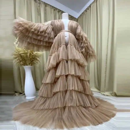 

New Arrival Brown Tulle Maternity Robes Long Sleeves With Waistband Floor Length With Train Pleated Ruffles Extra Puffy Pregnanc