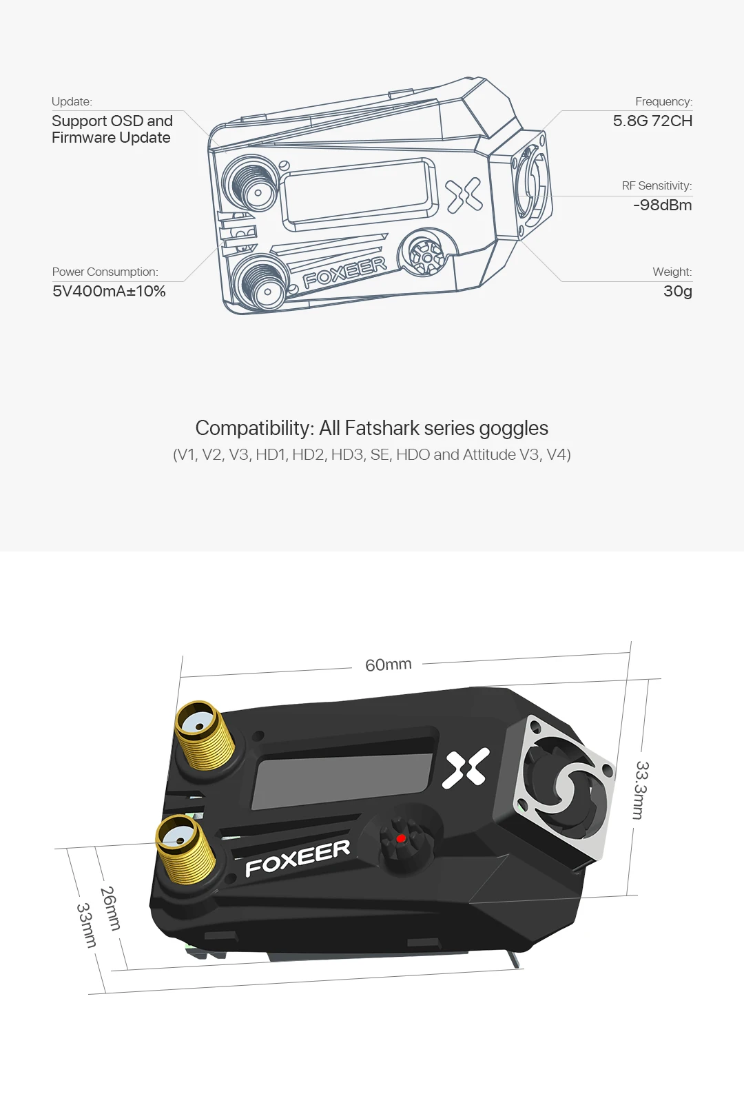 Foxeer Wildfire FPV Fatshark ゴーグル受信機 Foxeer Wildfire 受信モジュール レビュー【Fatshark FPV