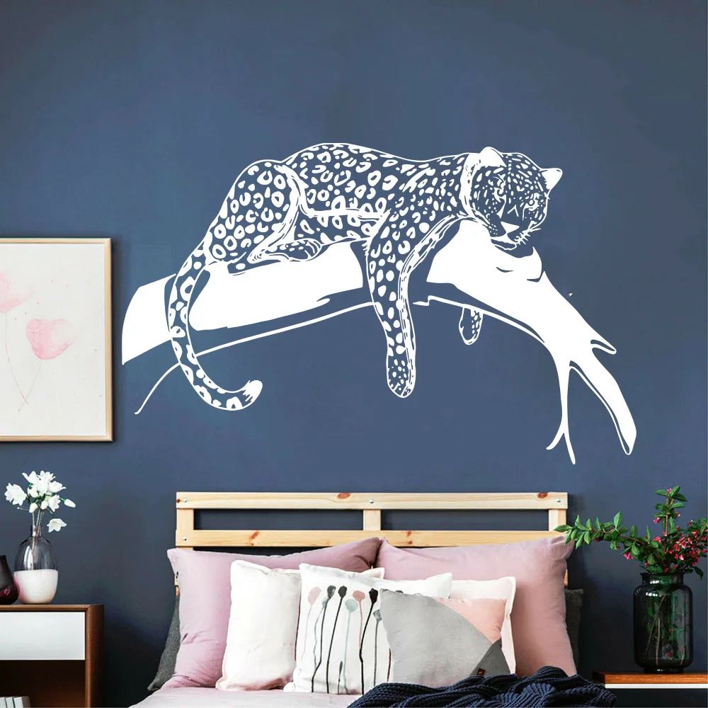 Cartoon Leopard In A Tree Wall Sticker Kids Teen Room Jungle Animal Tiger Cat Branch Wall Decal Playroom Vinyl Home Decor