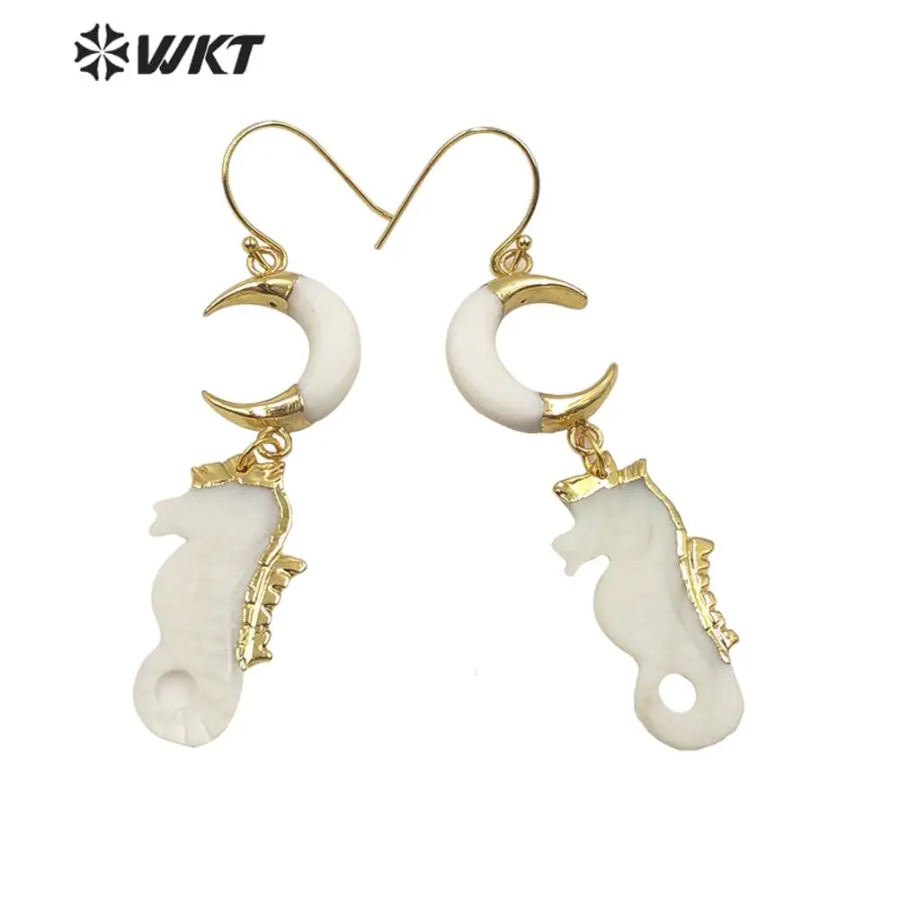 WT-E597 WKT Natural Shell Earrings Gold Electroplated Crescent Horn Sea Horse Shape Moon Charms Hook Fine Jewelry