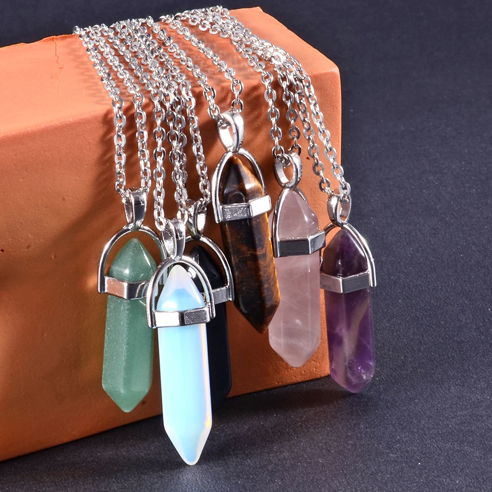 Silver Plated Natural Quartz Obsidian Crystal Hexagonal Chakra Healing Point Pendulum Stone Pendant Necklace For Lover Gift