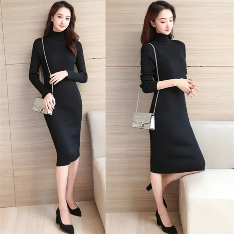 2020 new knitted dress mid-length semi-high turtleneck over-the-knee thick sweater skirt Slim package hip skirt bottoming shirt