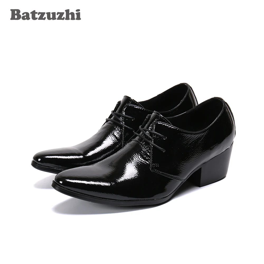 

Batzuzhi Black Genuine Leather Ankle Boots Handmade Men's Leather Boots Pointed Toe Lace-up 6.5cm Heels Botas Hombre, EU38-EU46