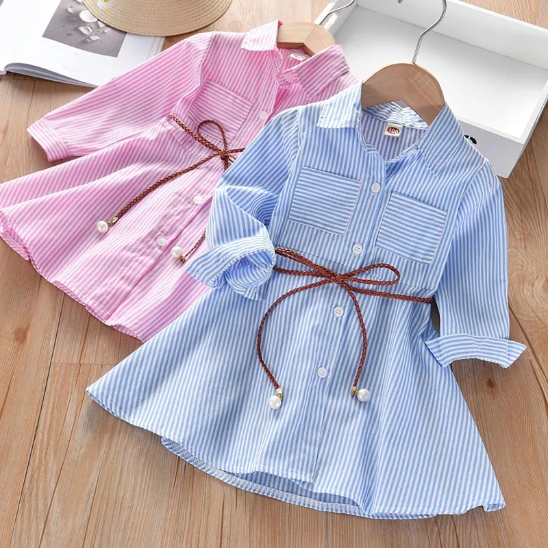 

Princess Girls Spring Dresses Striped Blouse Dresses for Girls Kids Shirt Dress with Belt Teenage Children's Summer Clothes 2021