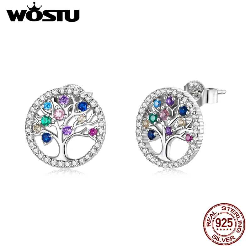 WOSTU Real 925 Sterling Silver Colorful Tree of Life Stud Earrings Rainbow Earrings For Women Fashion Silver Jewelry CTE497