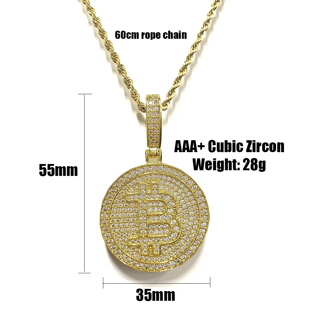 Bitcoin Iced Out Anhänger Halsketten Für Frauen Männer Gepflasterte Zirkon Stein Mit Kubanischen Kette Für Männer Frauen Hip Hop Schmuck Drop Shippin