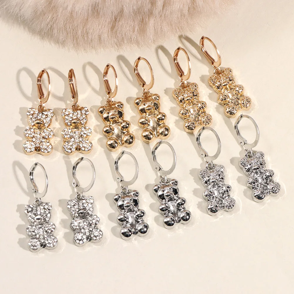 Flatfoosie Gold Silver Color Metal Cartoon Bear Drop Earrings for Women Bling Crystal Animal Dangle Earring 2021 Fashion Jewelry