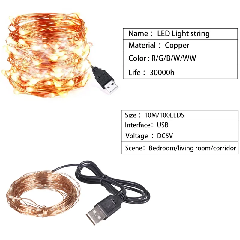 Led Usb String Lights Light String Holiday Decoratie Guirlande Fairy Light 10M Rgb Kerstmis Nieuwjaar Party Festoen Led licht