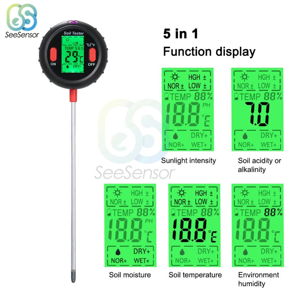 

5 In 1 Digital PH Meter Soil Moisture Monitor Temperature Humidity Sunlight Tester For Gardening Plants Farming With Blacklight