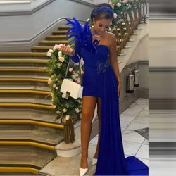 Photoshoot Royal Blue Short Prom Party Dresses Full Sleeve One Shoulder Feather Party Gown Sweetheart vestido longo