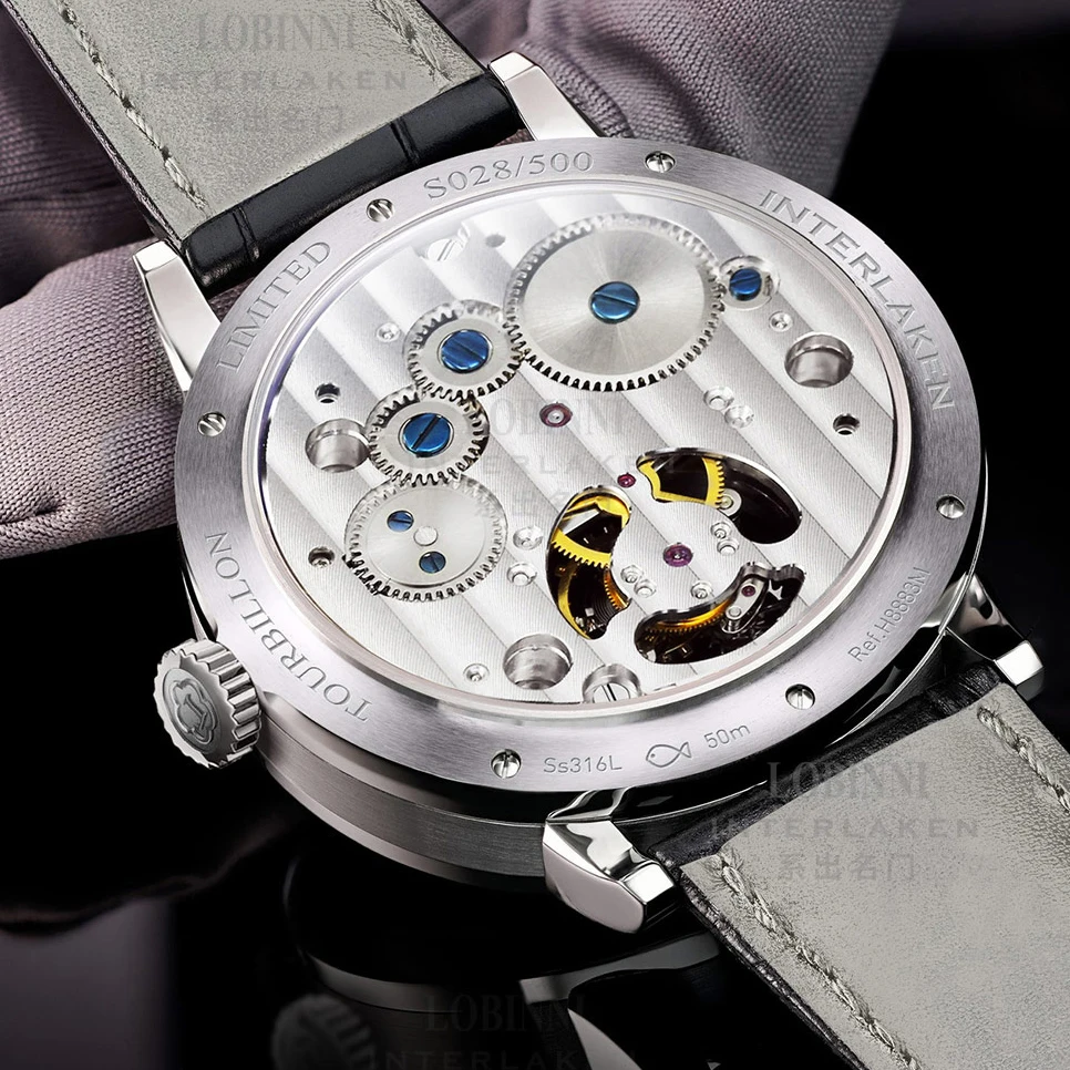 ساعة LOBINNI Real Tourbillon للرجال حركة النورس ساعة ميكانيكية زجاج الياقوت مرحلة القمر ساعة ميكانيكية متعددة الوظائف