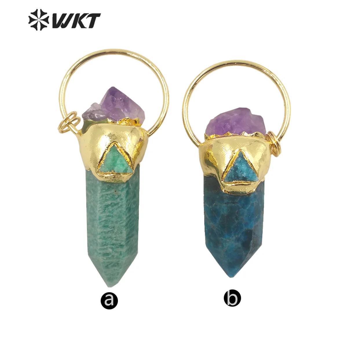 WT-P1747 Fashion Cylinder Shape Gold Electroplated Blue Apatite Amazonite Mix With Amethysts Energy Point Stone Pendant Jewelry