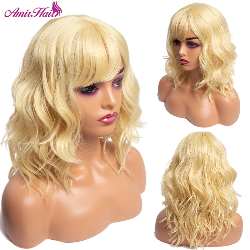 Synthetic Short Bob Wigs With Bangs for Women Pink Deep Curly Wave Wig Layered Heat Resistant Cosplay Party Blonde Fake Hair