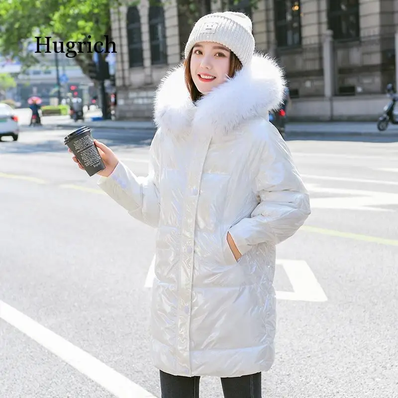 2020 Cotton Padded Korean Version Loose Winter Bright White Coat Women's Medium and Long Down Cotton Padded Jacket