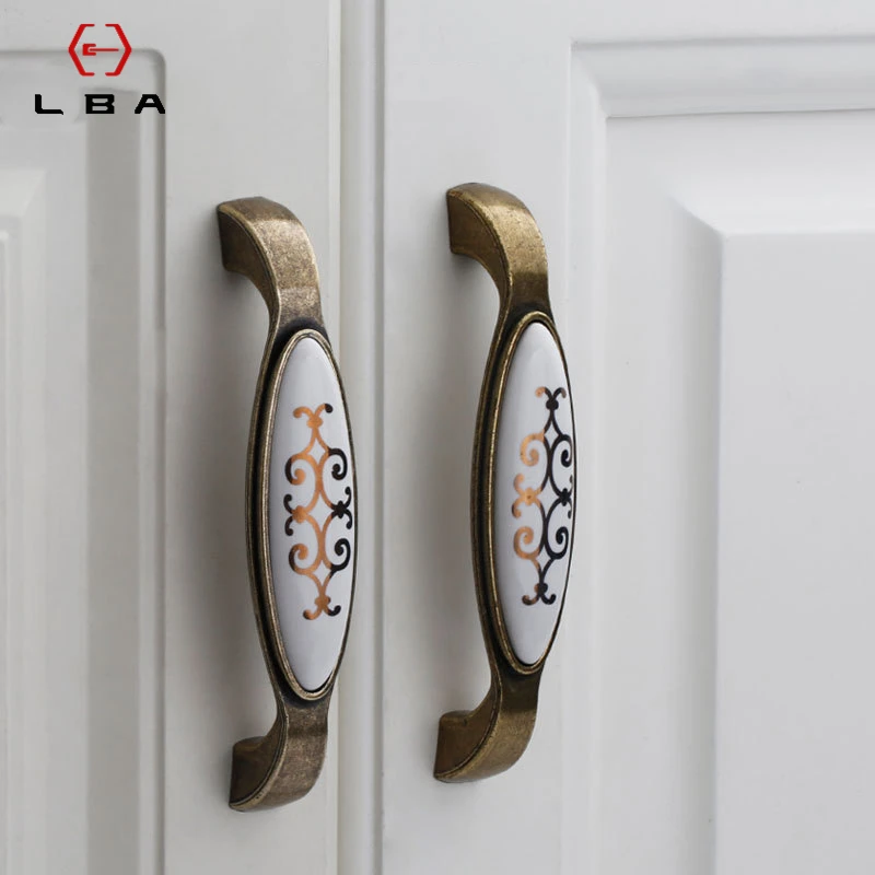 Ceramic Door Handles European Style Crack Kitchen Cabinet Handles Door Knobs Zinc Alloy Furniture Drawer Push Pull Handles