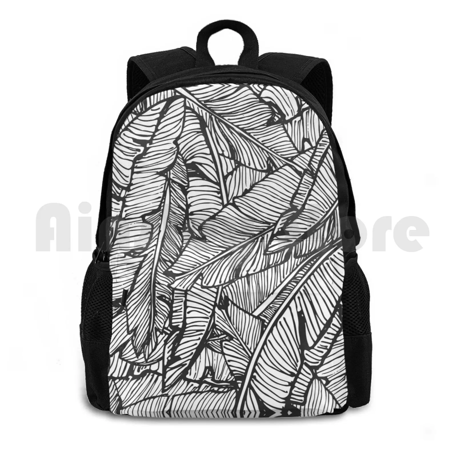 

Black & White Jungle Outdoor Hiking Backpack Riding Climbing Sports Bag Vintage Hawaiian Vacation Summer Botanical Exotic