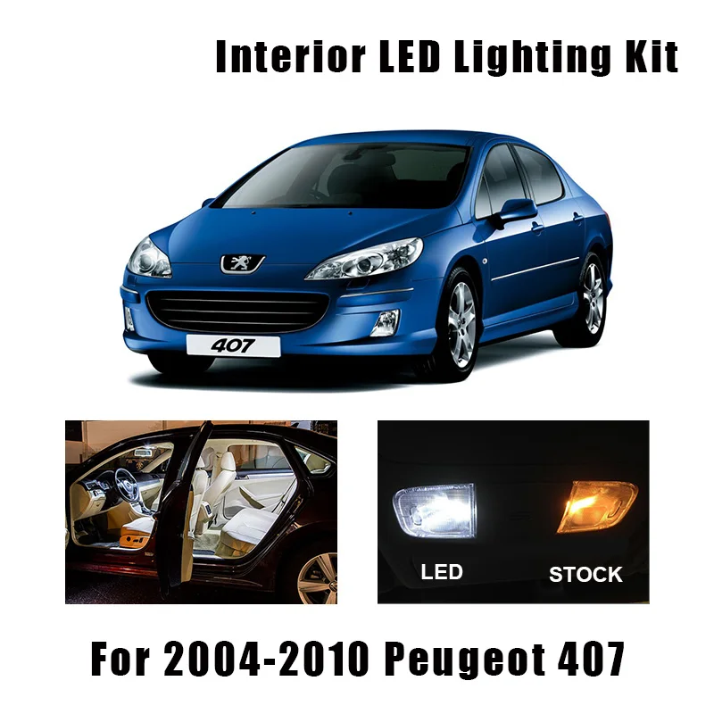 10 Bulbs White Interior LED Car Map Dome Light Kit Fit For Peugeot 407 2004-2006 2007 2008 2009 2010 Cargo Trunk Footwell Lamp