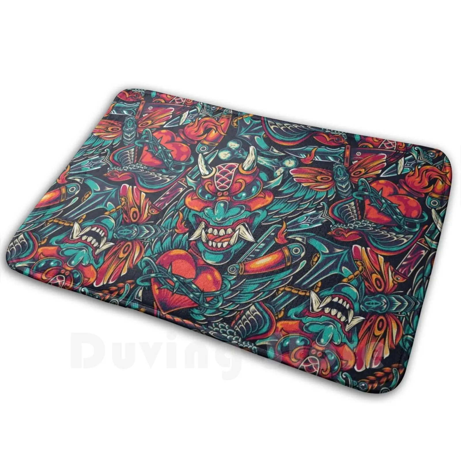 Classic Colourful Tattoo Pattern With Oni Carpet Mat Rug Cushion Soft Non-Slip Traditional Attoo Japanese Demon Oni Bird