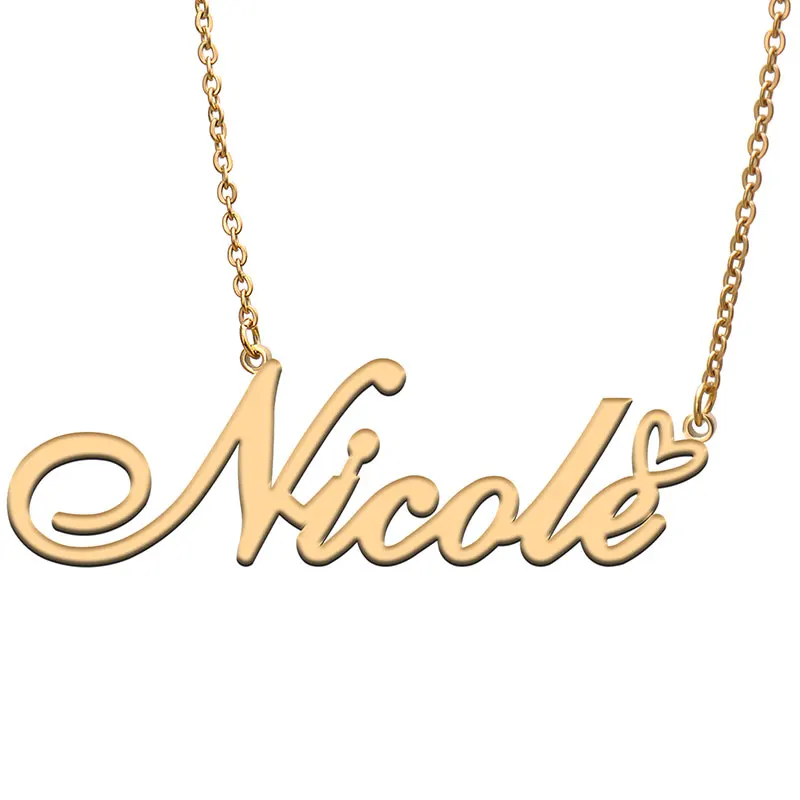 Nicole Love Heart Name Necklace Personalized Gold Plated Stainless Steel Collar for Women Girls Friends Birthday Wedding Gift