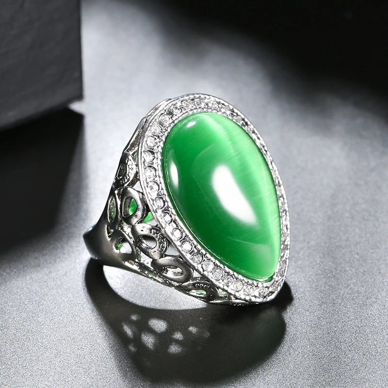 Kinel Female Water Drop Green Opal Big Rings Antique Silver Color Vintage Jewelry For Wedding Party Ring WK-2000