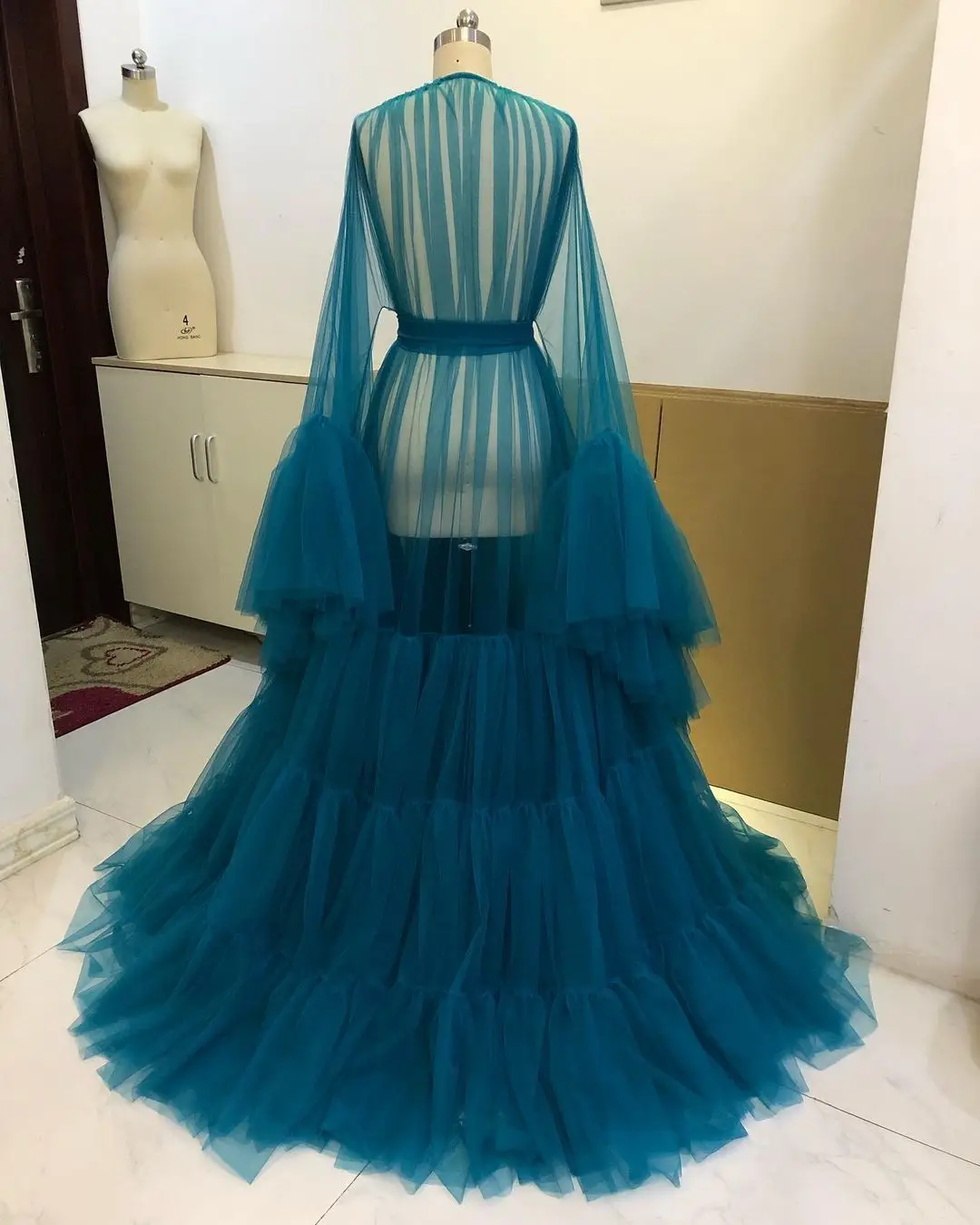 Vedi attraverso Tulle abito da sposa illusione Sexy maniche a tromba abito estivo lungo per fotografia abito da donna incinta increspato