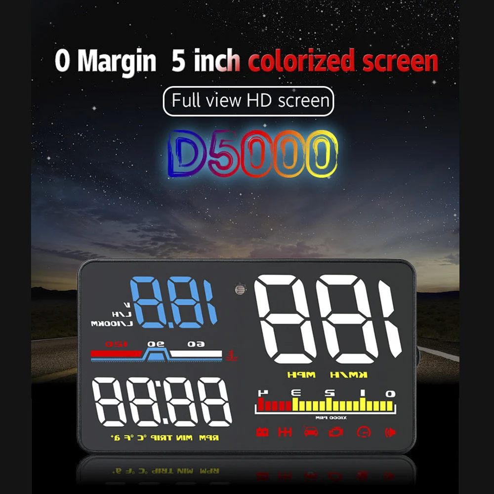 Outil de diagnostic OBD2 pour voiture, affichage tête haute, budgétaire d'écran de pare-brise, compteur de vitesse, affichage HUD, alarme de sécurité numérique, D5000