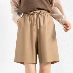 Women Harajuku Real Leather Shorts Femme Sheepskin Loose High Waist Wide Leg Pants Mujer Fashion Casual Five-Point Pantalones