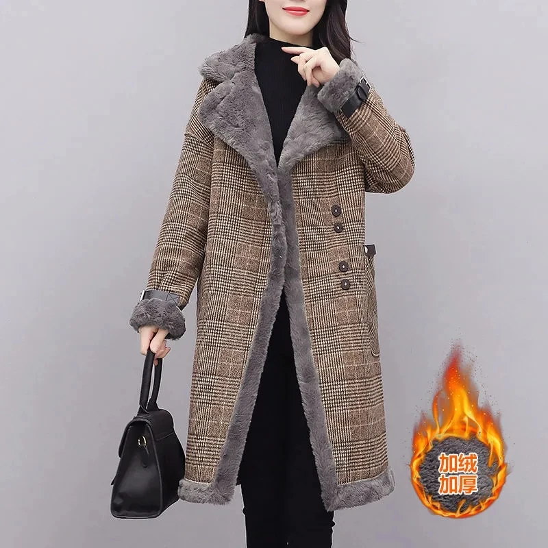 2023 Autumn Winter Long Woolen Jackets Women\'s Clothing Velvet Fur Collar Cold-Resistant Warm Coat Plaid Parka Female