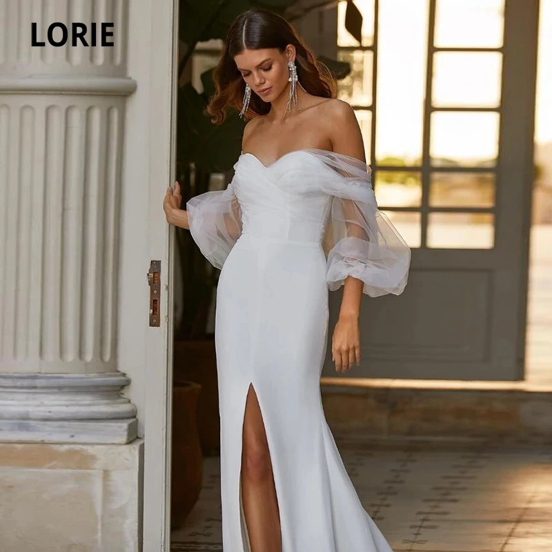 

LORIE Vintage Wedding Dresses Boho off the Shoulder Tulle Puff Sleeves Chiffon White Mermaid Bride Gowns 2021 suknia ślubna