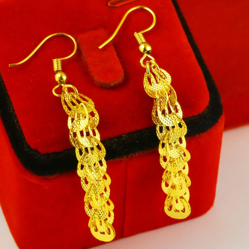 

Peacock Feather Earrings Yellow Gold Filled Fashion Women's Dangle Earrings Long Tassel Style