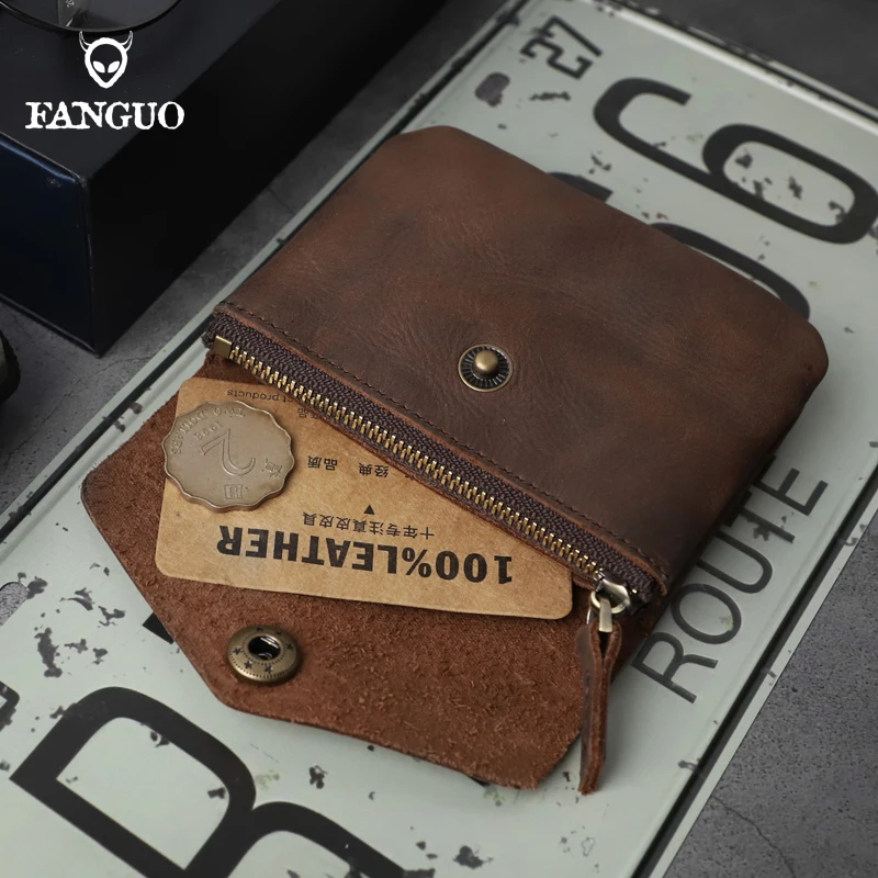 Vintage Men's Wallet Genuine Leather Card Holder Coin Purse With Zipper Pocket Handmade Portable Short Money Pouch