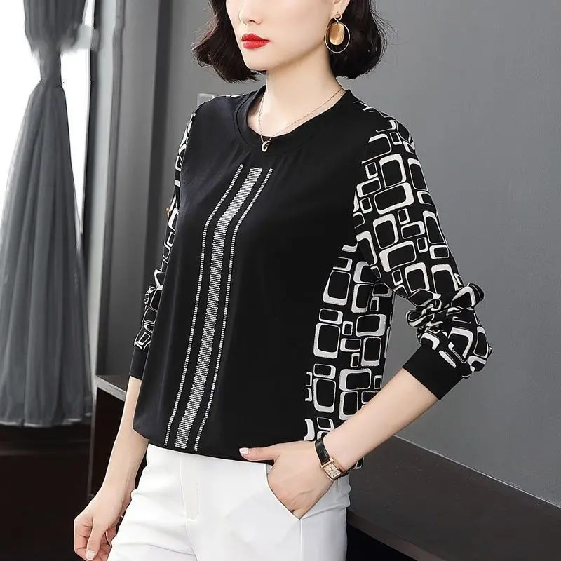 Hàn Quốc TRUNG NIÊN Đáy Áo Sơ Mi Mùa Xuân Và Thu Tay Dài Cổ Tròn Áo Thun TEE 5XL Camisas De Moda mujer