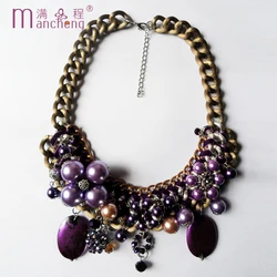 New Restoring Ancient Bronze Purple Pearl Crystal Necklace For Women Big Chunky Rope Chokers Clavicle Collar Para Mujer