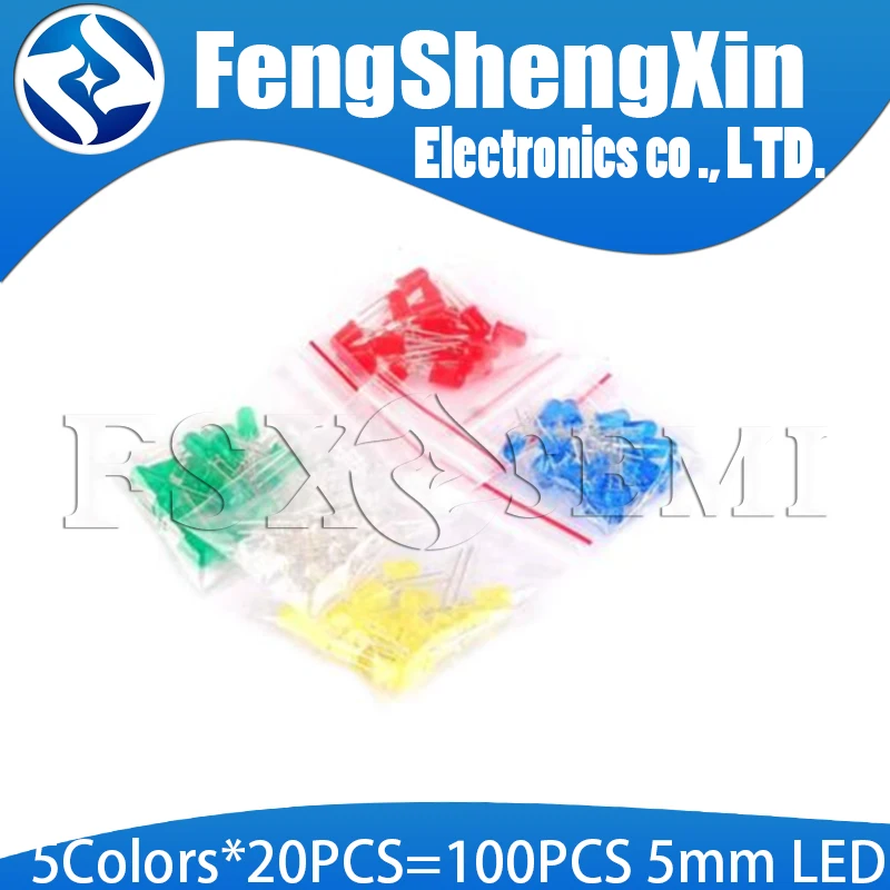 5Colors*20PCS=100pcs F5 5MM Round LED Assortment Kit Ultra Bright Water Clear Green/Yellow/Blue/White/Red Light Emitting Diode